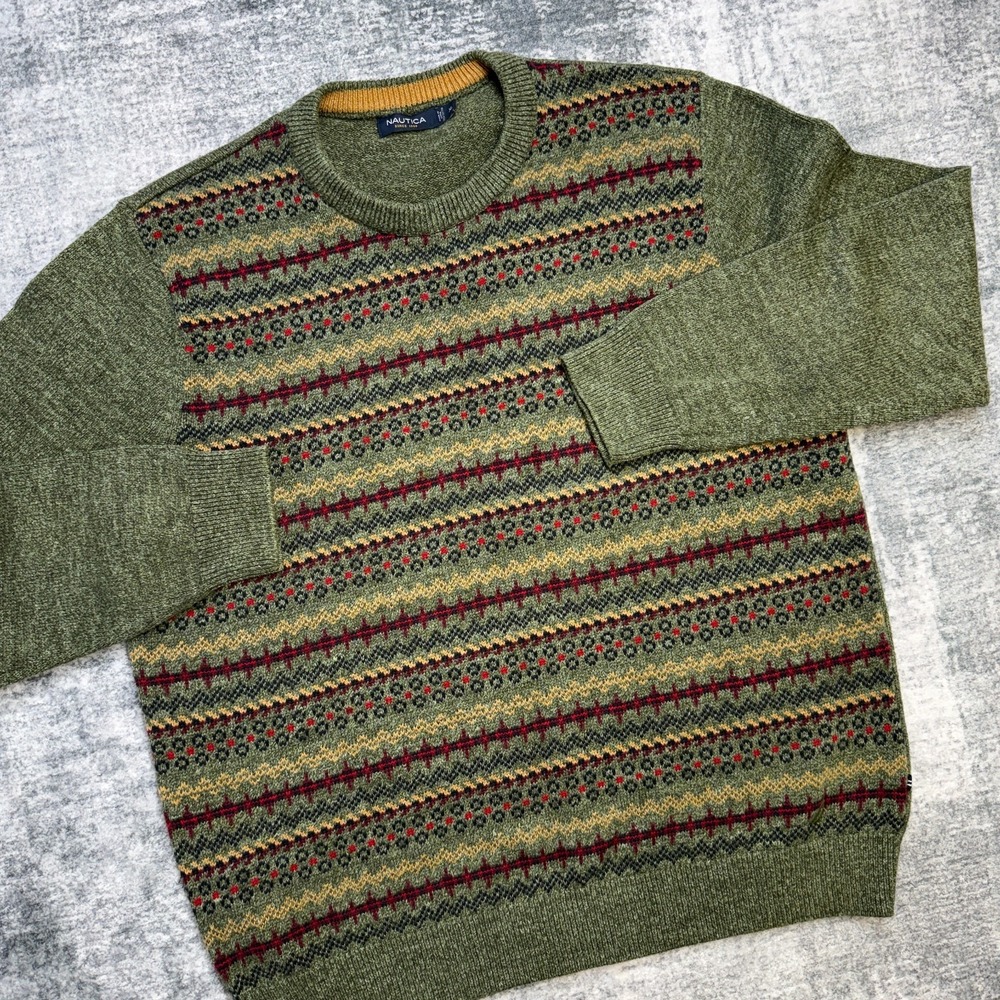 Nautica Sweater Mens Large Green Fair Isle Geometric Cotton Crewneck Knit Jumper